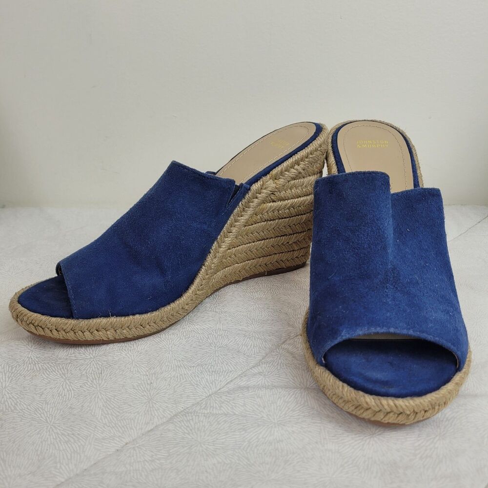 JOHNSTON & MURPHY BLUE SUEDE ESPARTO ROPE HIGH HEEL OPEN TOE WEDGE MULE 10M - Picture 3 of 13